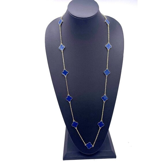 Fornash Blue Enamel Station Four Leaf Flower Chain Necklace Gold Tone 40 Inches - Picture 1 of 6